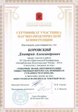 Сертификат участния Боровского Дмитрия в конференции 